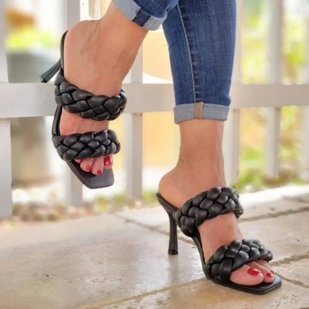 Women's Black Double Braided Square Toe Mule Sandal - Picture 2 of 5